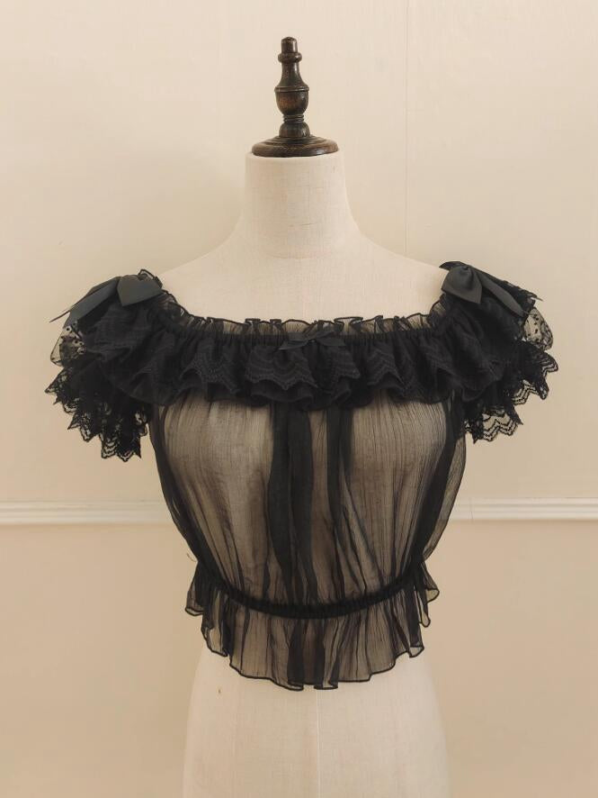 Black Elastic Off-the-shoulder Neckline Short Sleeves Sheer Blouse