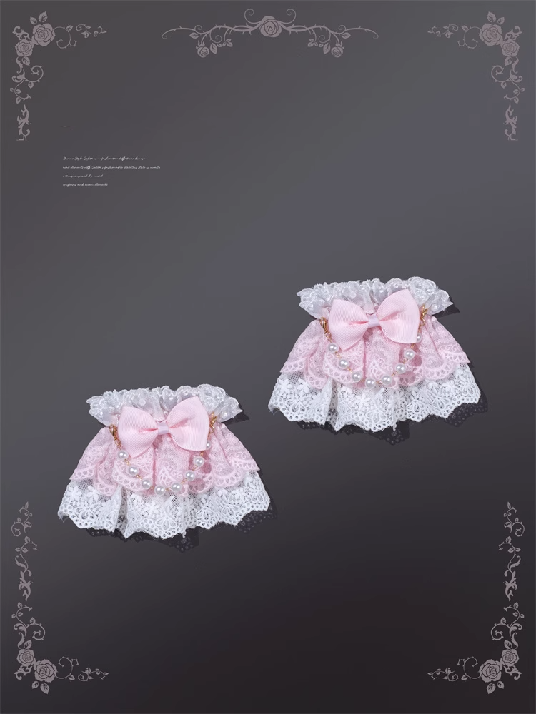 and Lace Wrist Cuffs with Beaded Chain White Pink