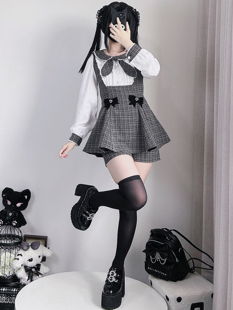 Bowknot Kei Plaid Details Jirai Black Outfit-Pleating Long + Top Shorts Sleeves Design