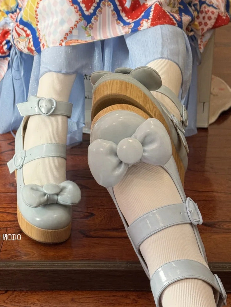 Heart Shoes Sweet Blue Buckles Top at - Bow Lolita Platform Baby