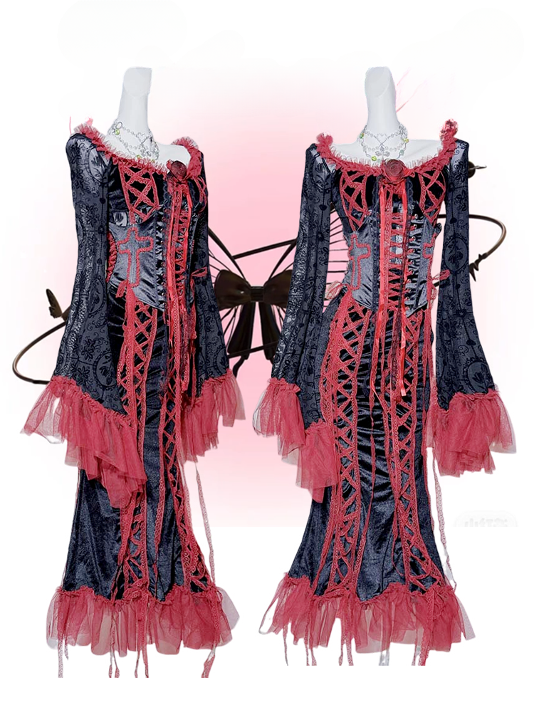 Gothic Black&Red Lace Trim Floral Mermaid Dress+Lace-up Detail Cross Corset Belt