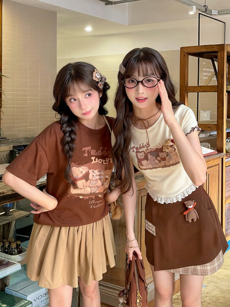 Teddy Bear Print Lettuce Cuffs Vintage Lace Hem Apricot T-shirt