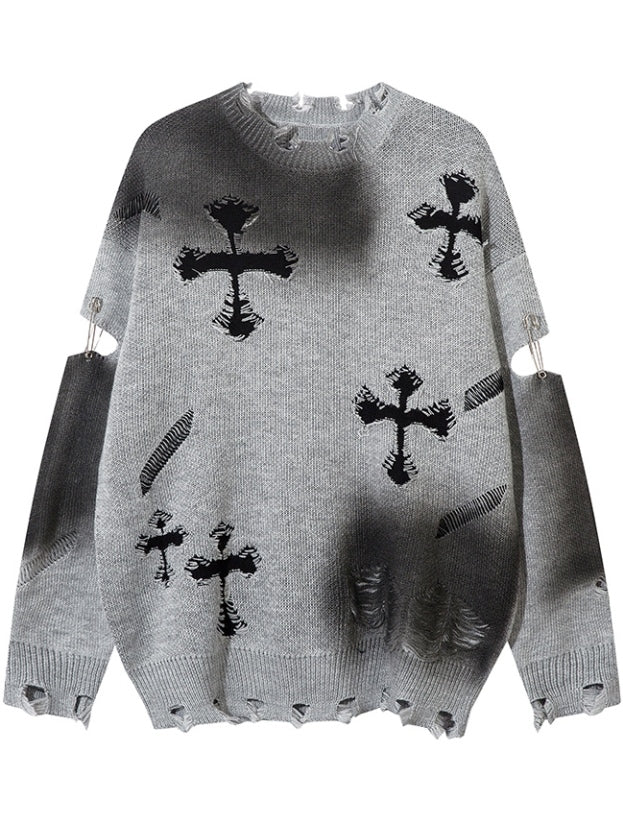 Y2K Black/Grey Cross Shaped Distressed Holes Round Neck Sweater