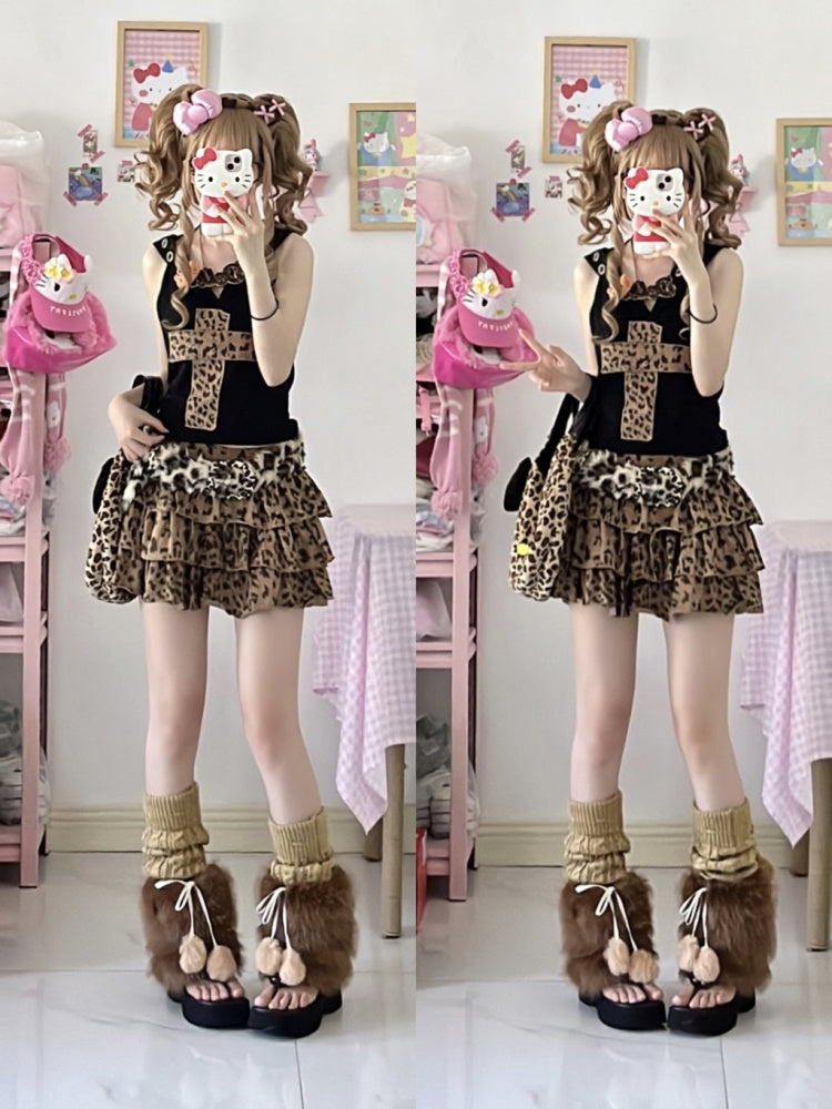 Y2K レオパード柄 ティアードスカート