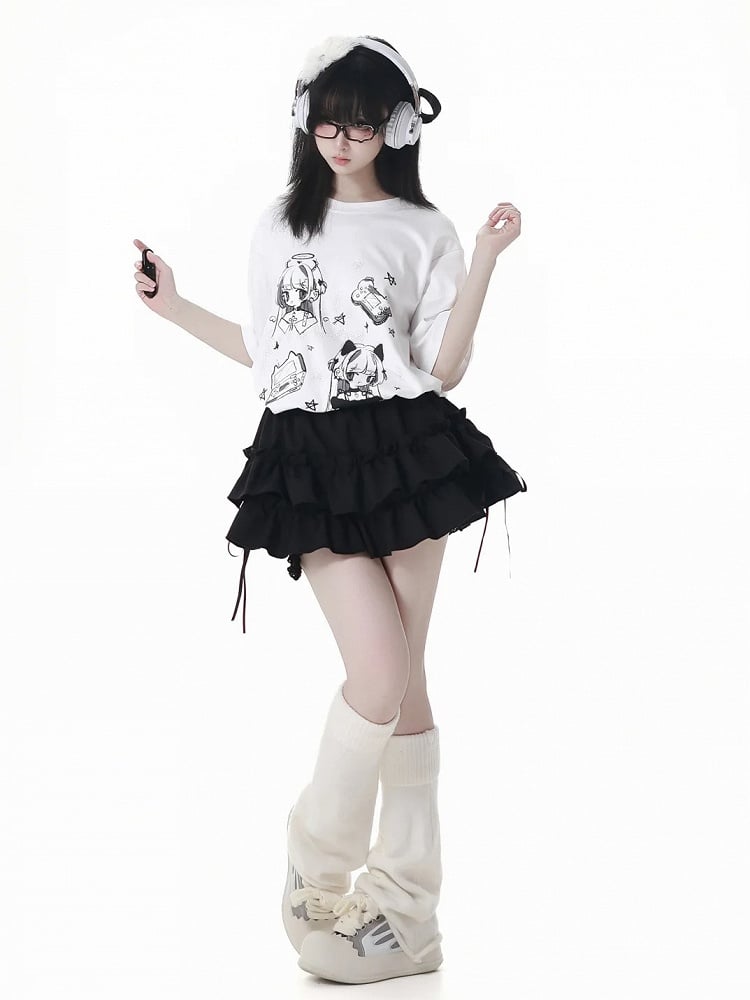 Graues T-Shirt Anime Girl Print Weiß/Dunkel Rundhals Baumwolle