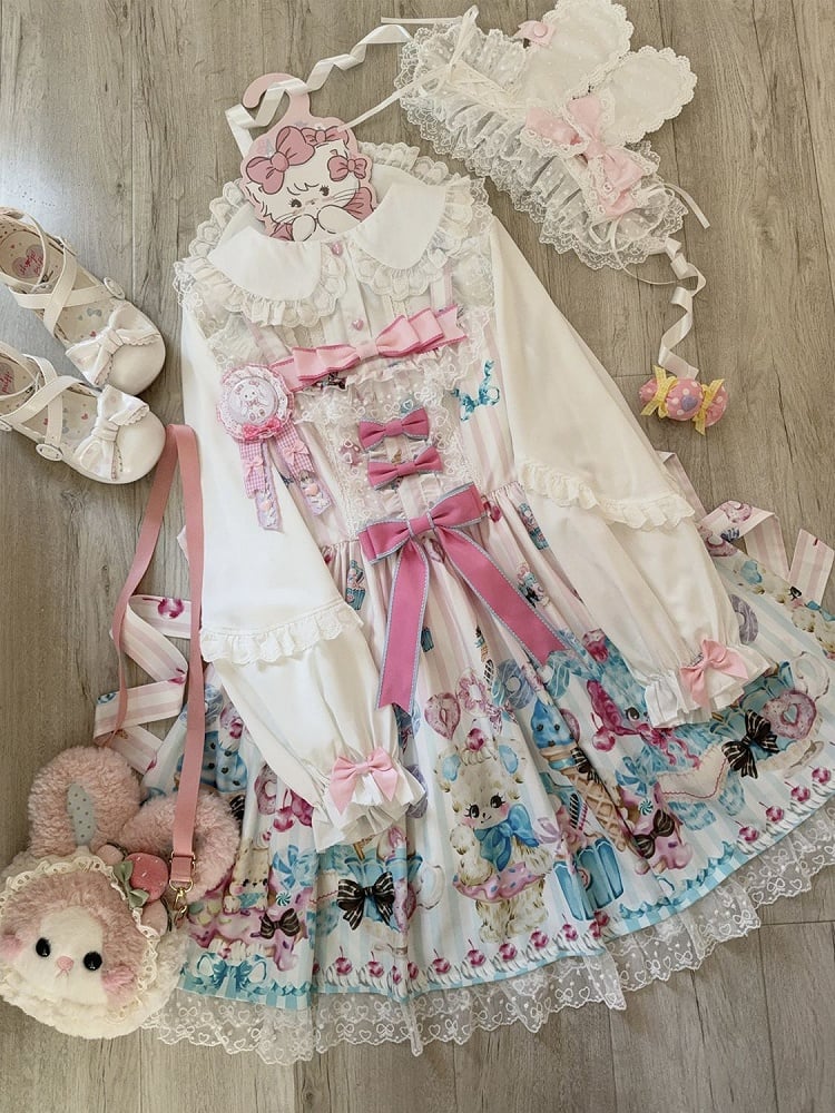 Ice Cream Print White Skirt and Teddy Sweet Lolita Jumper