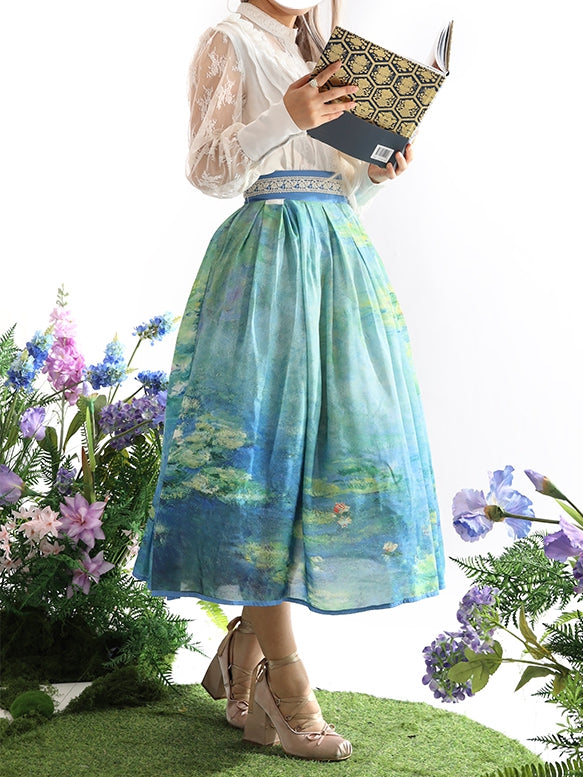 Lily Oil Painting Print Blue Green High Long/Short and Water Waist Skirt Version