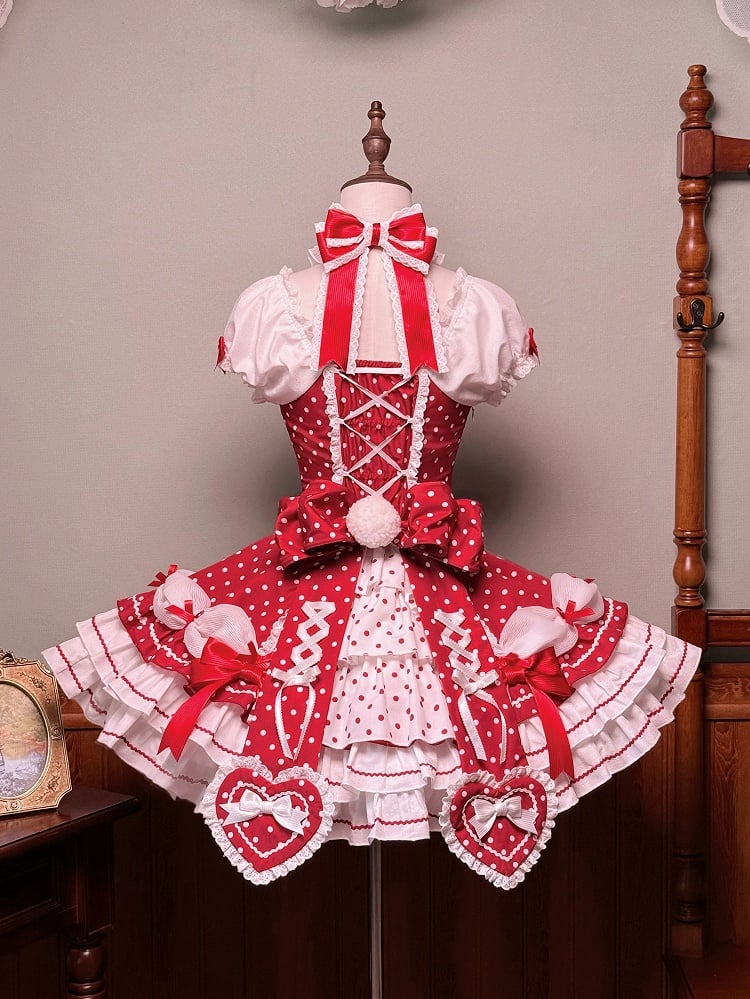 und Puffkleid mit gepunkteten Ärmeln, Schul-Polka-Lolita-Ausschnitt mit altroten Akzenten, Neckholder-Schleife