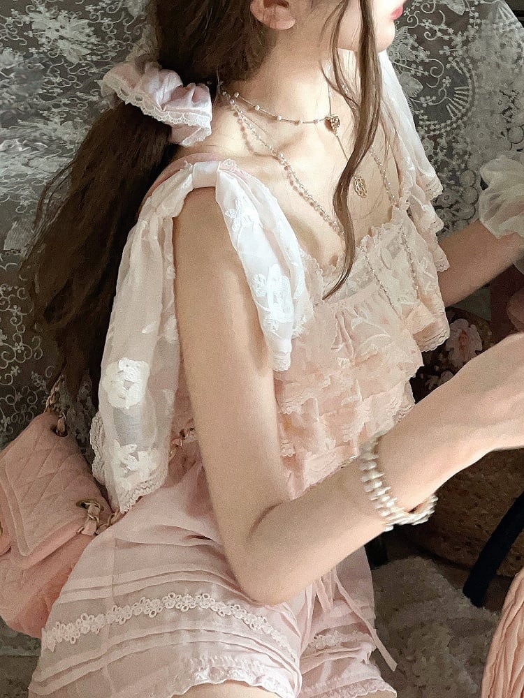 Flounce With Sakura Pink Chiffon Overlay Top Floral Embroidered Lace