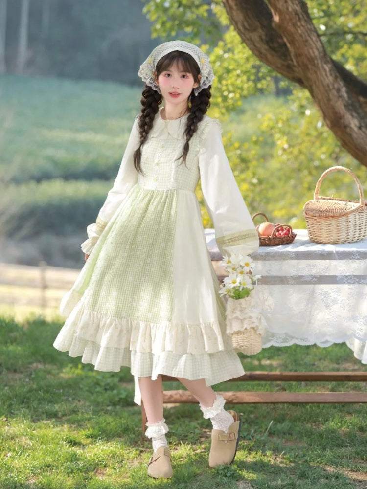 Light Sleeves Tiered Mori Kei Green Plaid Flutter Skirt Sleeveless Dress