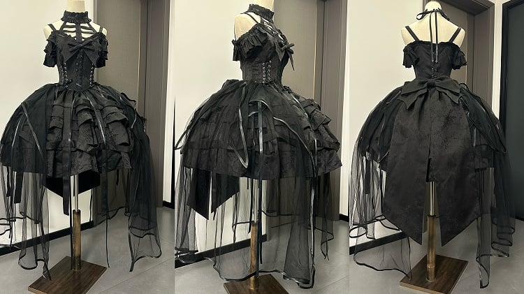 Bow Ovarlay and Gothic Dress Corset Big with Lolita Detachable Skirt Design Black Birdcage Waist Lace-ups