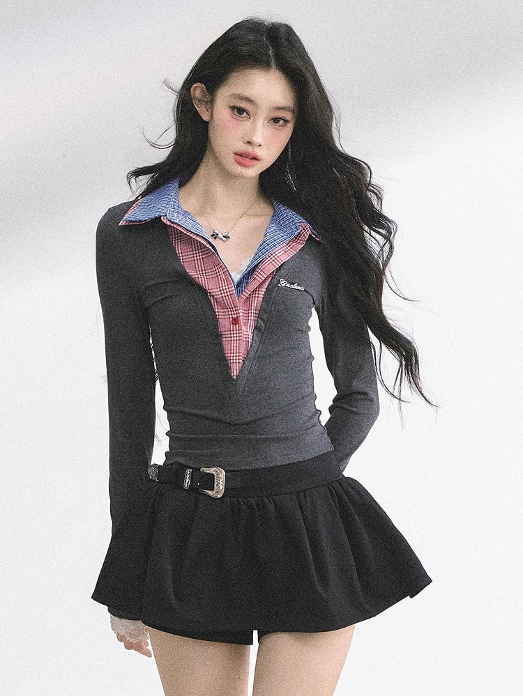 Plaid Collar Gray Slim-fitting Top Faux Two-pieces Red