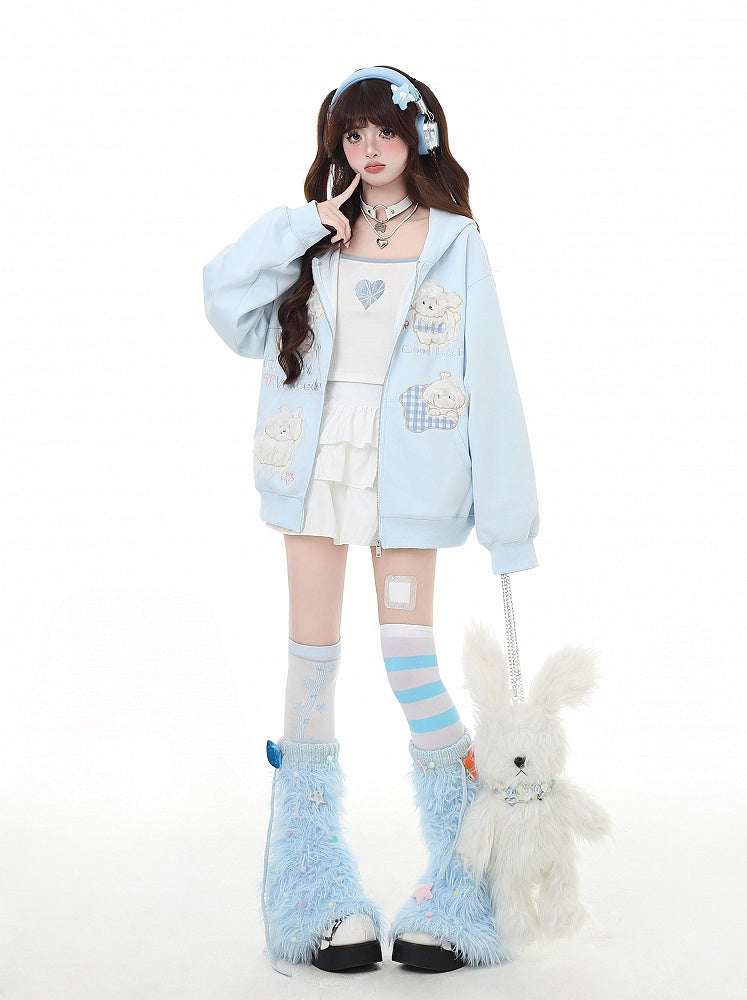 Puppy Embroidery Applique Black/Light Blue Plush Zip Closure Hoodie