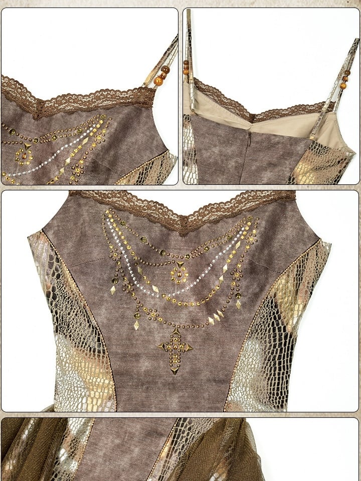 Asymmetrical Snakeskin Hem Pattern Punk Wasteland Brown Contrast Lace Patches Top Cami