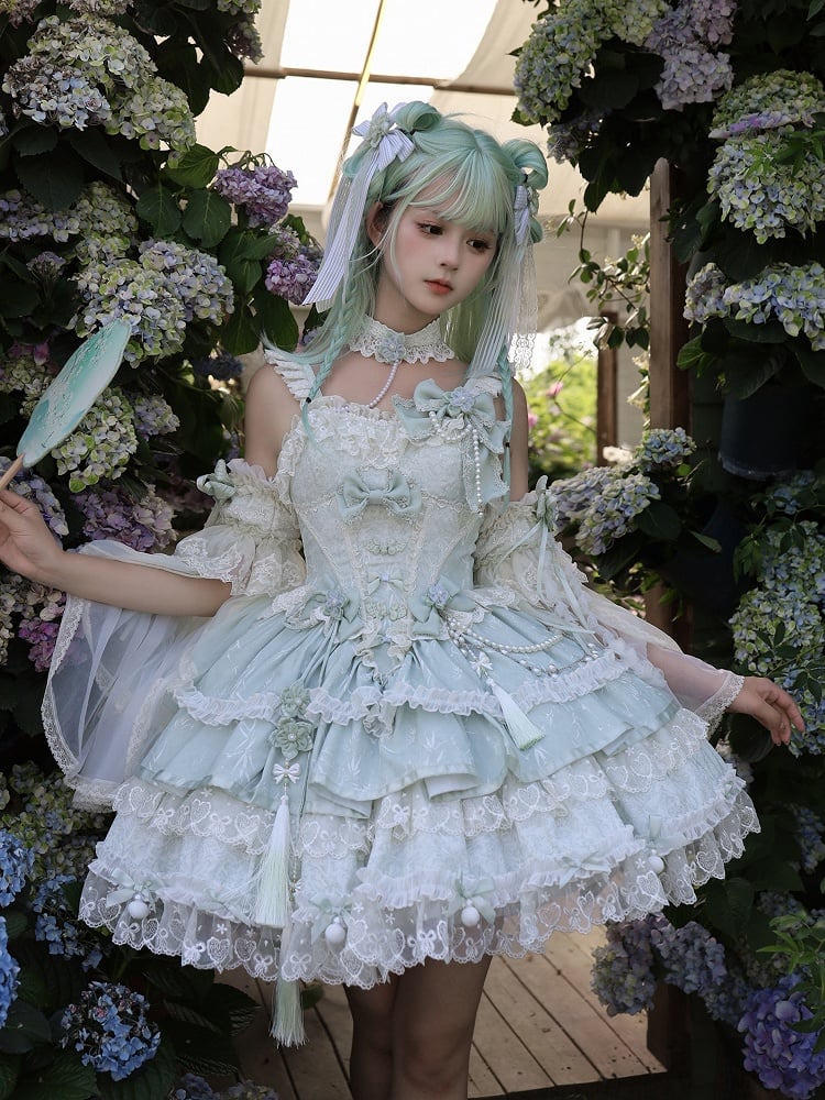 Green Bow Accents Chains and Flower Bead Qi Waist Lolita Corset Dress