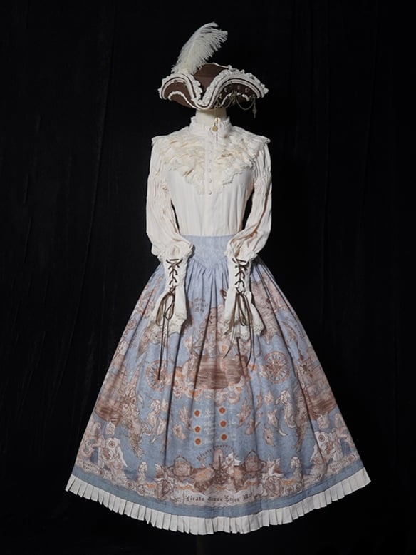 Waist Pirate Ship Belt Print Lolita Blue Skirt Corset