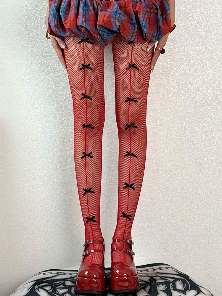 Modische blau/schwarz/rot/weiße Strumpfhose mit Schleife Gyaru