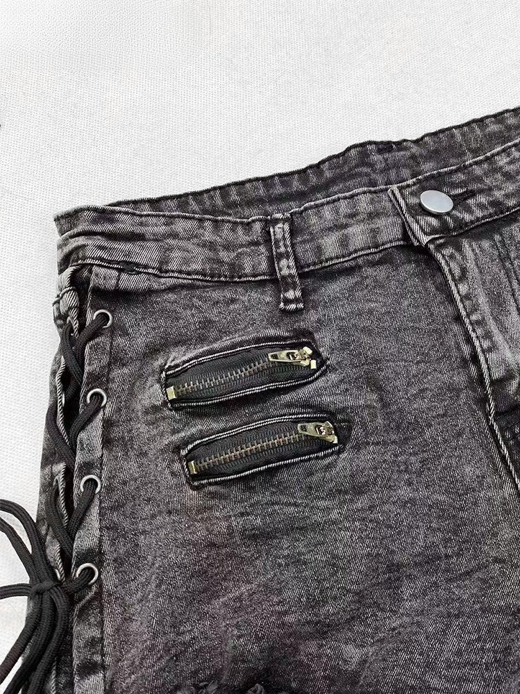 Lace-up Glamorous Black Detail Shorts Denim Bittersweet Hem Raw