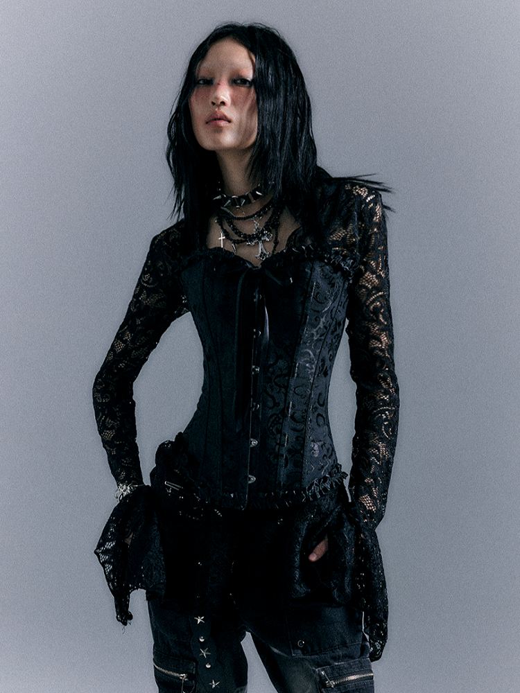 Floral Embroidered Corset with Lace Trim Punk Black