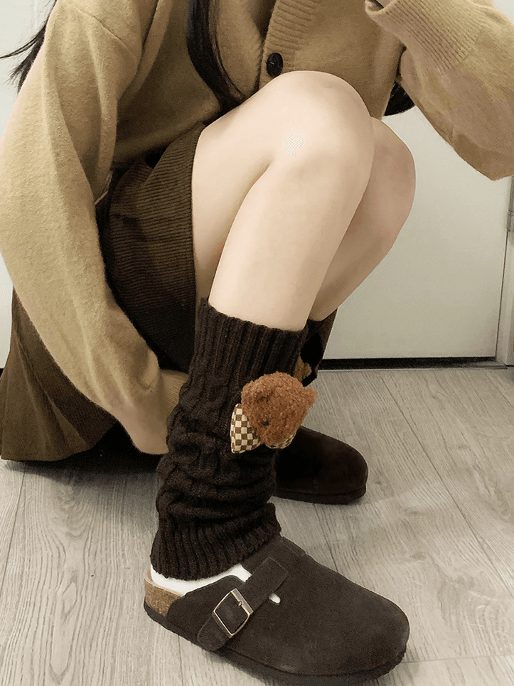 Milk White Y2K Knitted Leg Warmers With Bear Plushie
