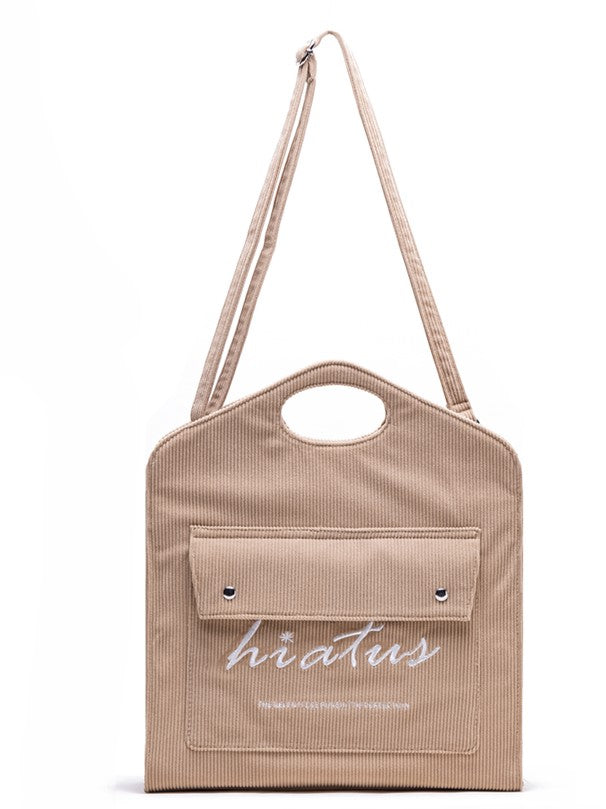 Lightweight With Embroidered Lettering Capacity Brown Corduroy Tote Bag: Large