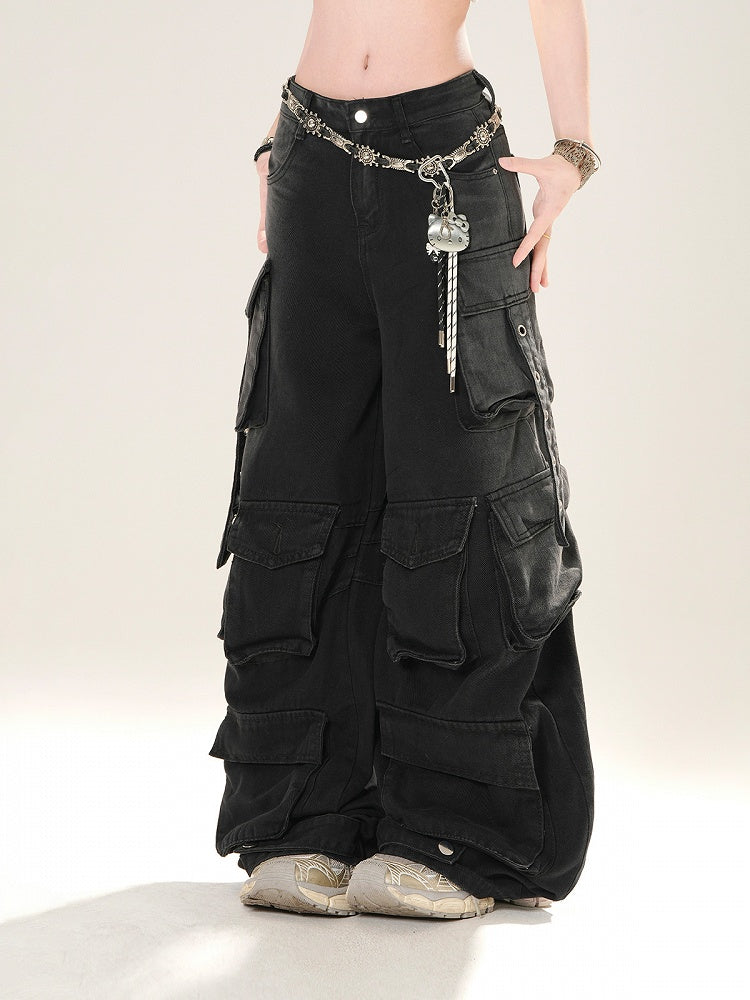 Low Blue/Black Waist Cargo Pockets Wide-Leg Jeans