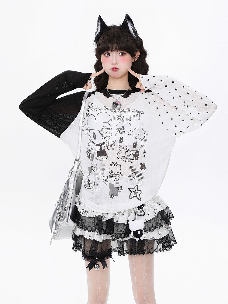 BlackWhite/PinkBlue Bunny Kitten Print Long Sleeve Top - Daily Kawaii Colorblock Design