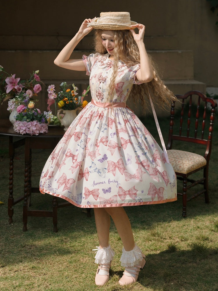 Rosa Lolita-Kleid mit Schleife und Peter-Pan-Kragen, Schleifen und Schmetterlingsdruck, einteilig