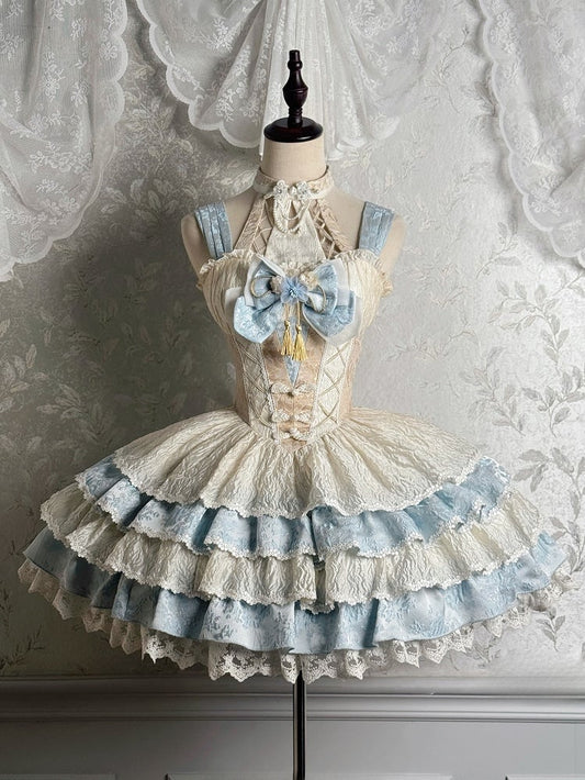 Baskenblaues, abnehmbares Lolita-Hals-Qi-Neckholder-Kleid mit gestuftem Rock und Taille