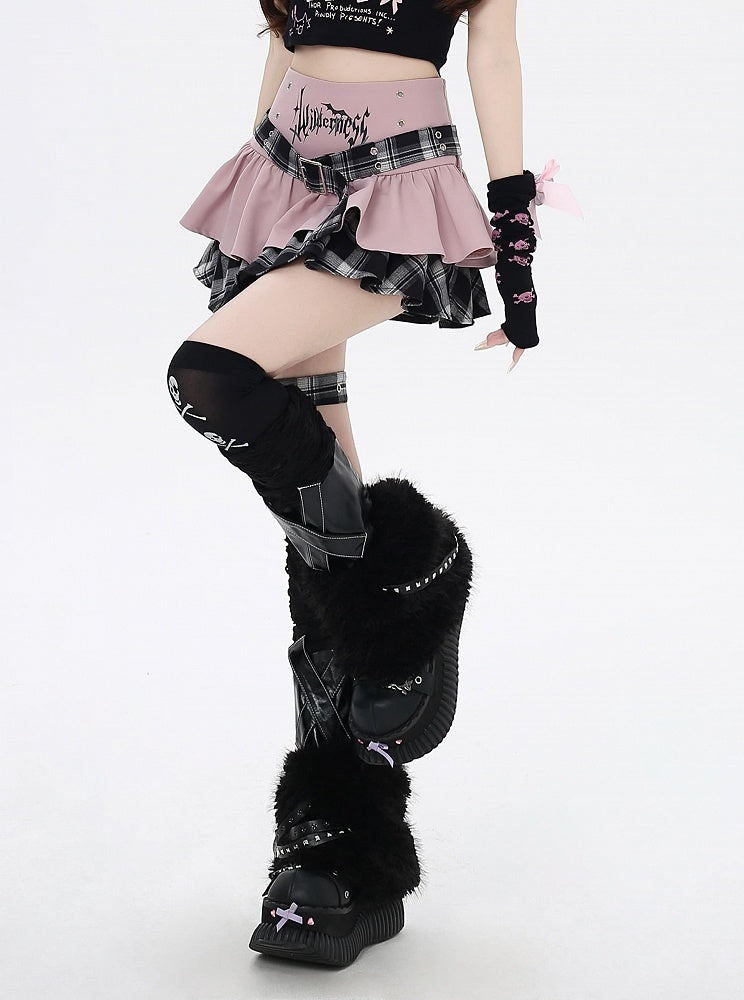 Y2K Garter Tiered Skirt with Cross Belt and Lined Gray Plaid Buckle Pink Design