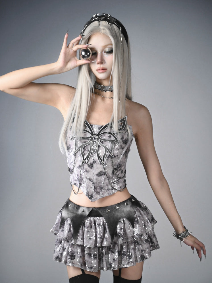 Cyberpunk Cross Choker with Beaded Chains Y3K Silver Fashion