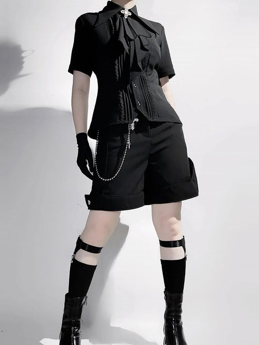 Jabot Lolita Kragen Schwarz Foldover Kurze Mode Ärmel Shirt Spitz Ouji