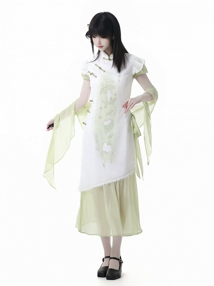 Banded Dress Qipao Collar Apple Print Cheongsam Style Buttons Green Knot