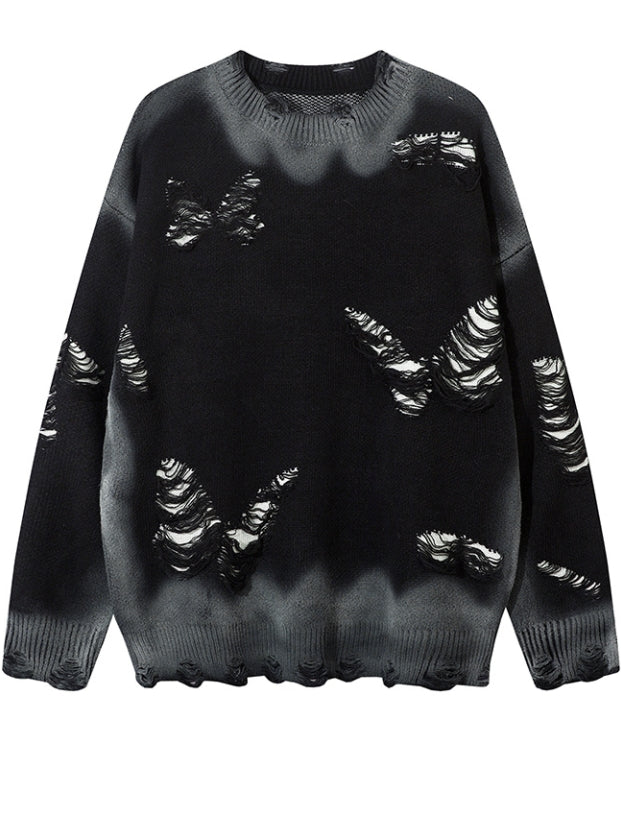 Y2K Black/Grey Butterfly Shaped Distressed Holes Round Neck Sweater