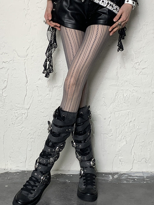 Hollow-out Tights Striped Pattern Gray Design Y2K
