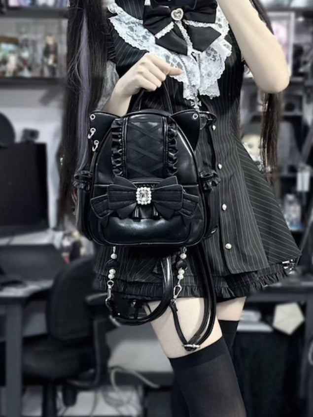 Black Kei Cat Ear Backpack With Beaded and Rhinestone Bow Jirai