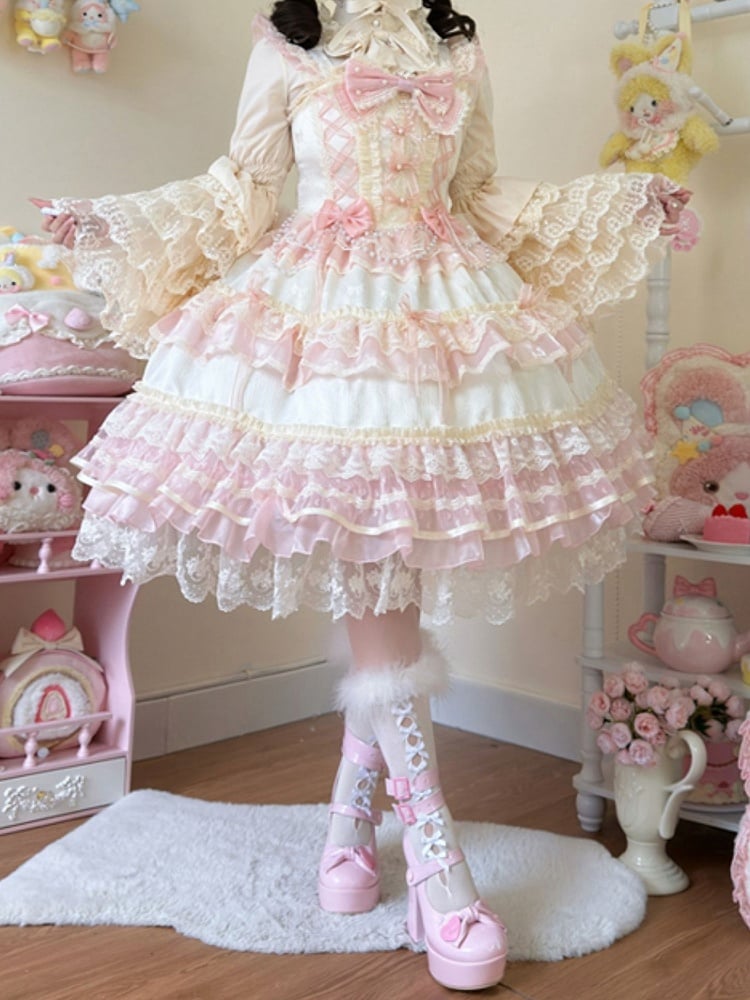 Decorated Chain Dress Hanayome Princess Bead Lolita Bows Apricot