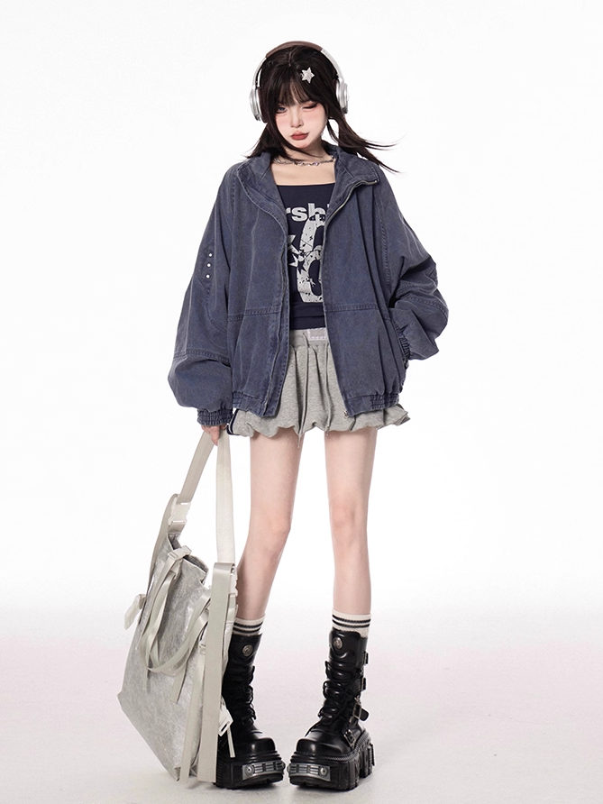 Design Banded Collar Faded Wash Distressed Blue/Apricot Jacket Autumn Zip-up
