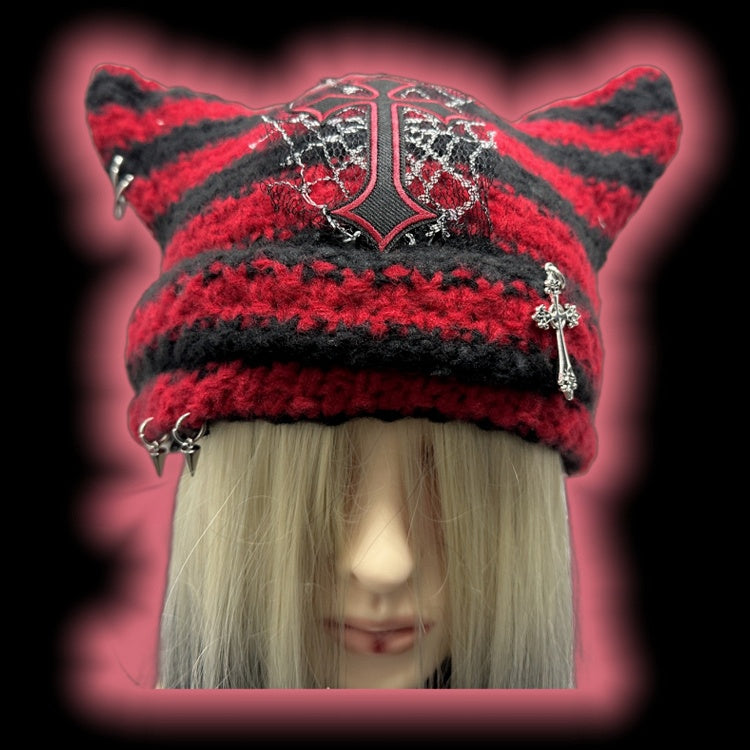 Red and Black Cross Applique Studs Punk Cat Ears Striped Beanie