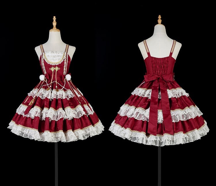 Red New Year Lolita Bows and Bead Chain Waist Tiered Hem Jumper Skirt
