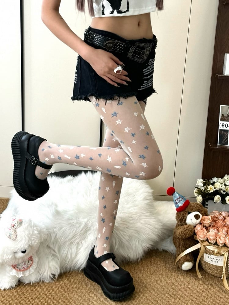 Tights And Lightning Details Star White Y2K