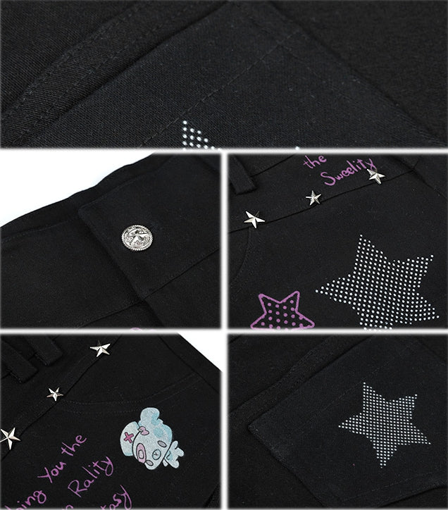 Black Low-Rise Star Studs Graffiti Print Shorts