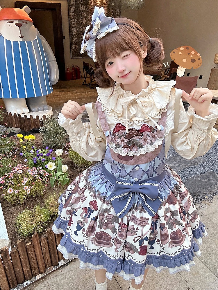 Print Embroidery Overall Sweet Blue Teddy Dress Mushroom Lolita Neckline