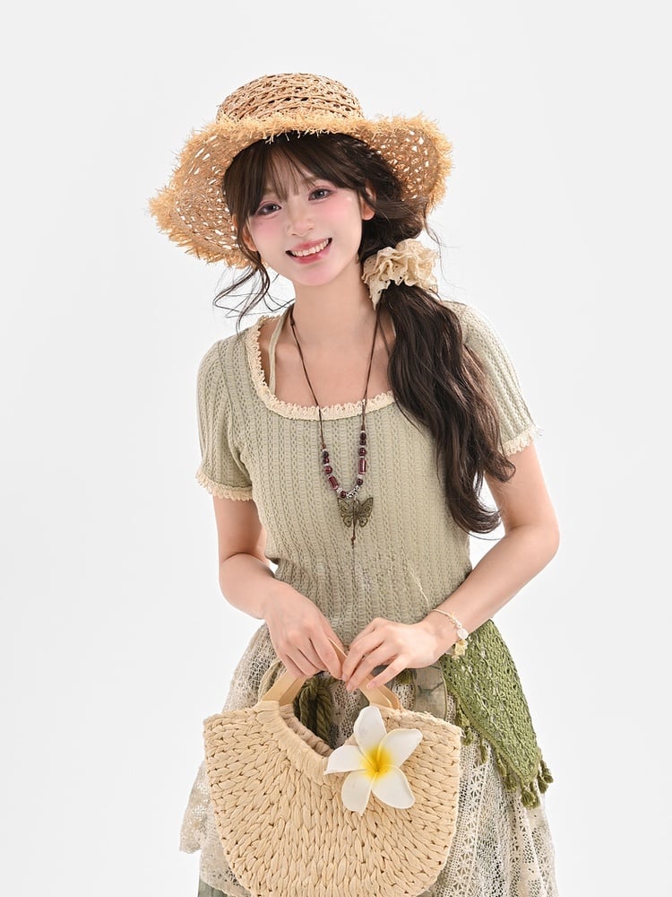 Hellgrüner Mori Neck Lace Kei Rundhalsausschnitt T-Shirt Neckholder
