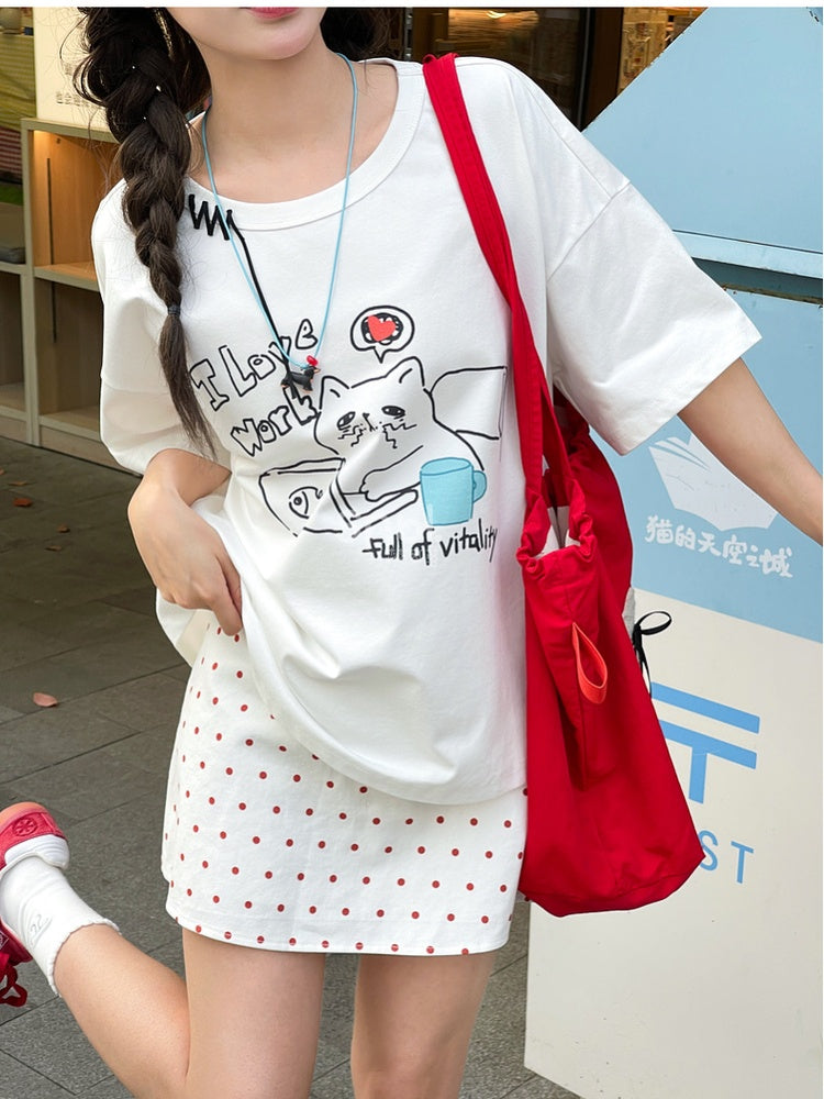 White Round Neck Kitty Print Loose T-Shirt