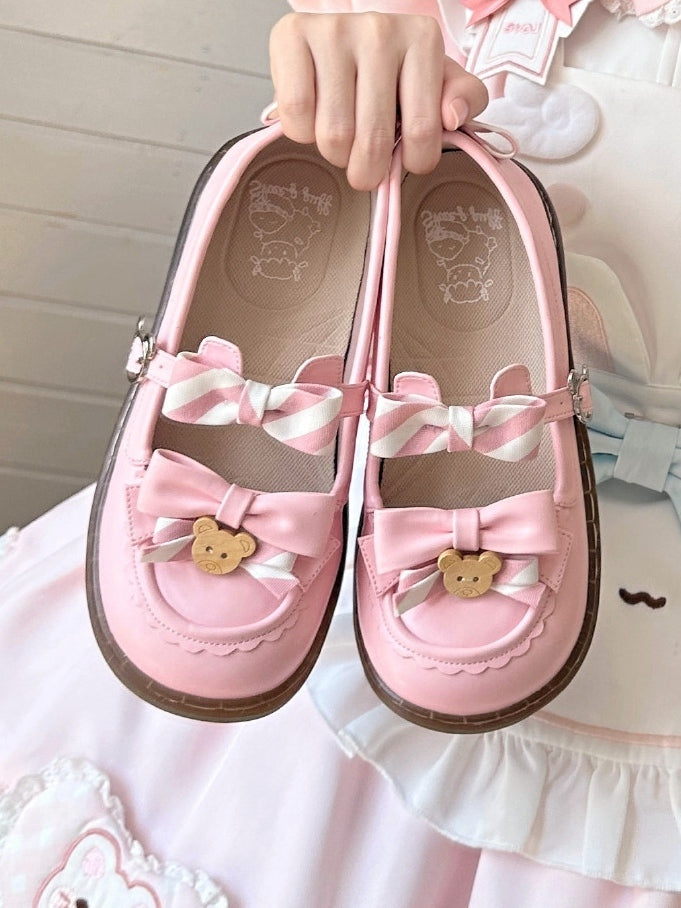 - 2cm Sweet with Uniform Striped Flats Pink Bow PU Lolita Sole