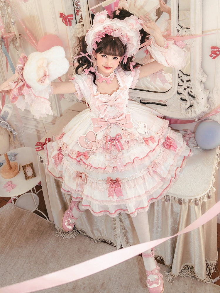 Ruffle One Piece Pink White Sweet Princess and Bow Dress Theme Lolita Bunny Accents