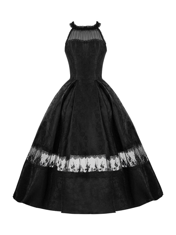 Panels Illusion Rosette All Jacquard Fabric Halter Prom Black Dress Neck Lace