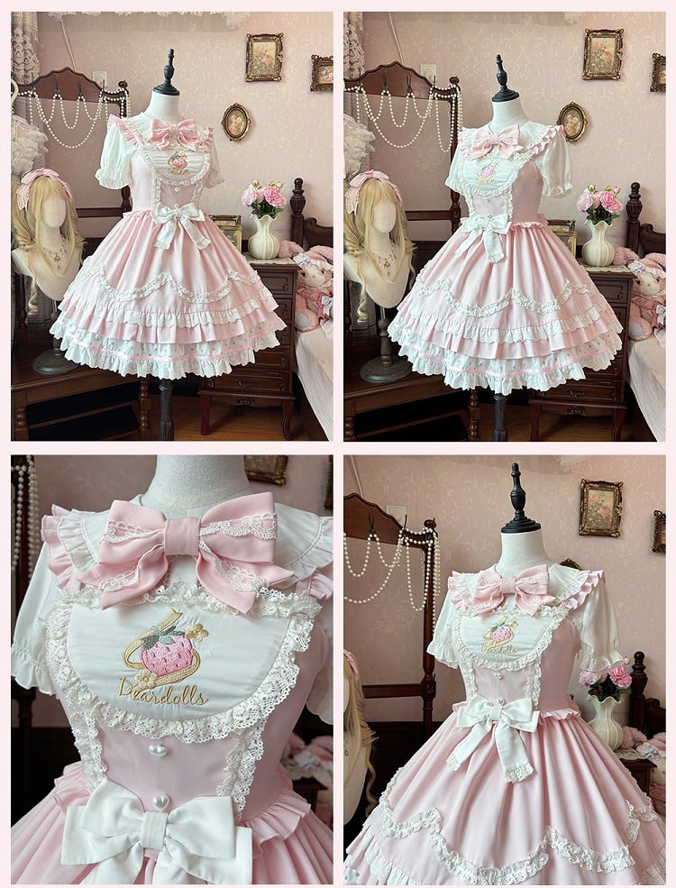 Scalloped Edge Trim Strawberry Embroidery Sweet Lolita Dress Light JSK Pink