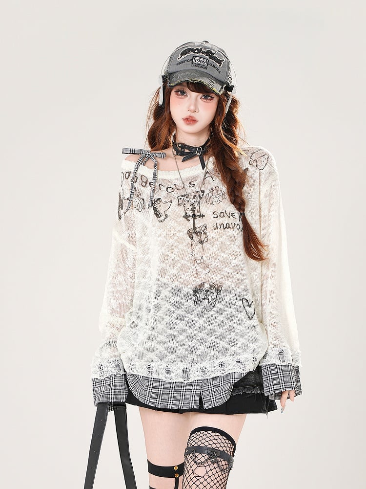 Asymmetrical Neckline Puppy Print Beige/Black Hem Plaid